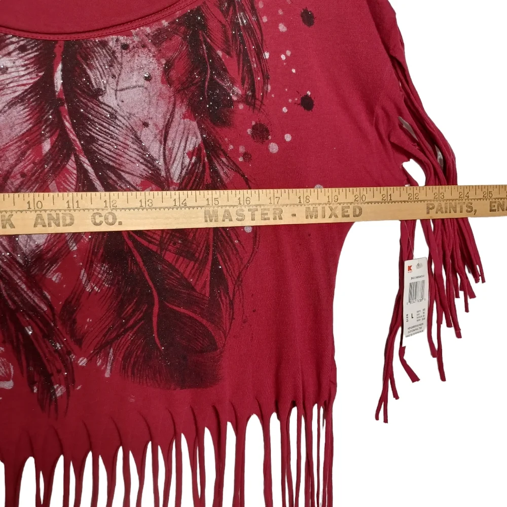 HYBRID Burgundy Red Black Silver Feather Print Fringe Short Sleeve Top Large NWT - Picture 6 of 7